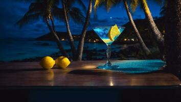 AI generated Blue cocktail in a beautiful glass, lemon, night against the sea photo