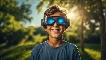 AI generated Boy in virtual reality glasses on the streets in summer photo