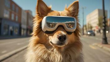 AI generated Cute dog wearing virtual reality glasses on the street photo