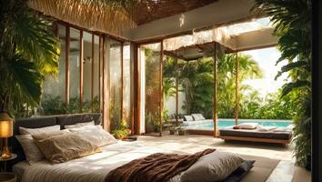 AI generated Bedroom with pool, tropical plants photo