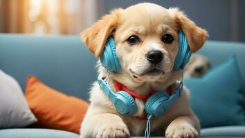 ai generado linda perro vistiendo auriculares en el habitación foto