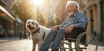 AI generated Elderly man in a wheelchair with a dog on the street photo