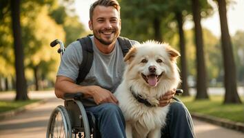 AI generated Man in a wheelchair with a dog on the street photo