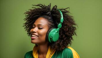 AI generated Beautiful happy African American girl listening to music on headphones on color background photo