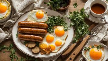 AI generated Delicious fried eggs with sausages on the kitchen table photo