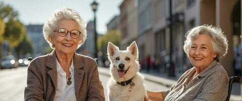 AI generated Elderly woman in a wheelchair with a dog outside in the park photo