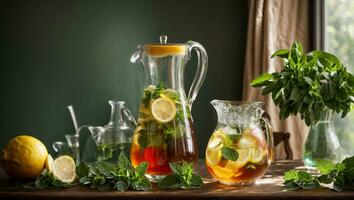 AI generated Cold tea with lemon and mint on the table in glass photo