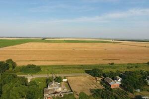 View of the field through the village. Rural photo