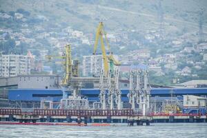 el internacional mar Puerto de novorossiysk. Puerto grúas y industrial objetos. marina estación. foto
