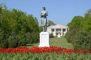 Statue of a collective farmer on a pedestal. The legacy of the Soviet era. A flower bed with tulips and young trees in the village of Oktyabrsky. Krasnodar Krai, Krasnoarmeisky District. photo