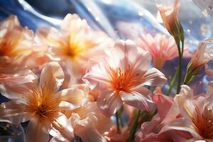 ai generado flores detrás translúcido tela para soñador elegancia, primavera fotografía foto