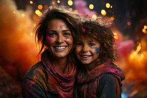 ai generado alegre madre hijo holi celebracion, holi festival imágenes hd foto