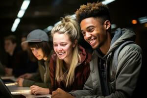 AI generated Four students at a table looking at a laptop studying together exploring information for a school project, educational photo