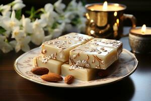 AI generated Exquisite sweet almond fudge presented on a white tin plate with asian inspired motifs, islamic images photo