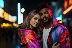 AI generated Stylish couple immersed in the neon glow of urban nightlife, engagement, wedding and anniversary image photo