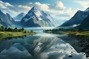 AI generated Serenity on lake with mountain reflection, beautiful sunrise image photo