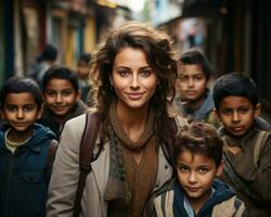 AI generated Woman stands with several children on the school road, diverse education and teachers day image photo