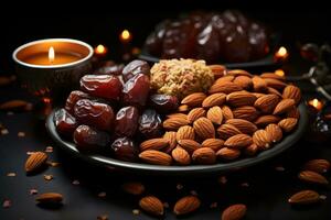 AI generated A romantic ramadan celebration with dates and sweets arranged in a heart shape, islamic images photo