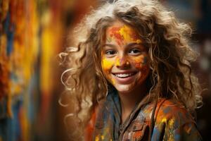 ai generado joven niña vestido en vistoso atuendo, holi festival imágenes hd foto