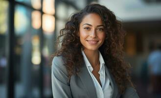 AI generated Business woman smiles with arms crossed in a stylish suit, hiring image for job postings photo