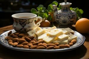 AI generated Delicate almond slices arranged on a white tray with a side of soothing tea, islamic images photo