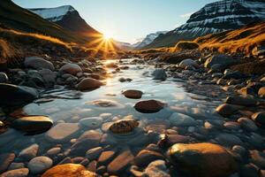 AI generated Mountain mirage sun reflection on waters, beautiful sunrise image photo