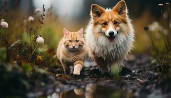 AI generated Corgi and cat joyfully walking on rain soaked grass, pet photo