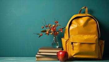ai generado un brillante amarillo mochila y un jugoso manzana descanso en un frio azul pared rodeado por libros, diverso educación y profesores día imagen foto