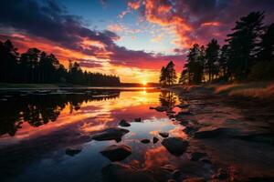AI generated Sunset reflection sky mirrored in lake, beautiful sunrise image photo