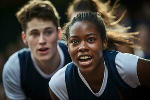 ai generado dinámica dúo de estudiantes en uniforme activamente participativo en un equipo deporte durante Educación física sesión, colegio Tiempo de juego imágenes foto