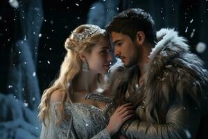AI generated A couple immersed in a winter fairytale with stunning ice sculptures and a castle, valentine, dating and love proposal image photo