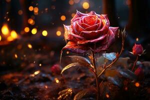 Enchanting red rose embraced by the glow of magical fireflies in a mystical garden, engagement, wedding and anniversary image photo