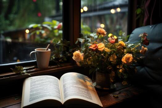 AI generated Serene reading nook on a rainy window seat with cascading raindrops, book photography photo