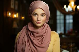 AI generated Radiant woman adorned in a pink hawa embellished with yellow and gold, islamic images photo