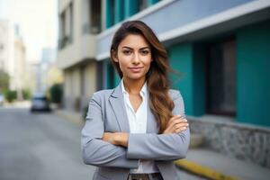 AI generated Confident young business woman smiling with arms crossed near office building showcasing her professional demeanor, hiring image for job postings photo