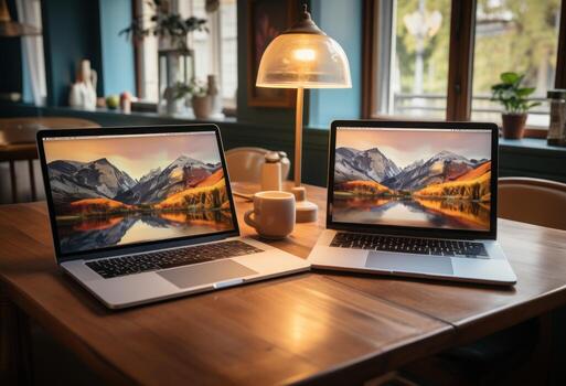 AI generated Two professionals engaged in digital productivity, professional business meeting image photo