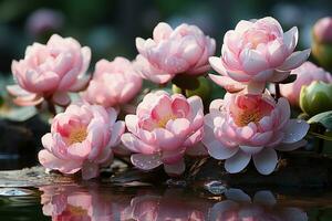AI generated Tranquil lotus pond reflecting calm beauty, spring photography photo