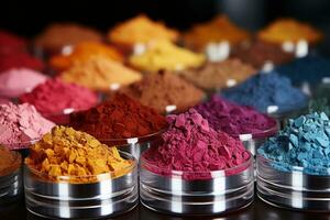 AI generated Neatly arranged powdered hues in artful composition, holi festival images hd photo