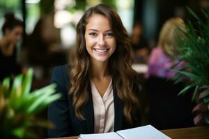 AI generated A woman is sitting happily in the office waiting for her interview, hiring image for job postings photo