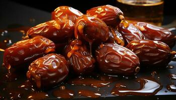 AI generated Close up of luscious dates and golden honey, islamic images photo