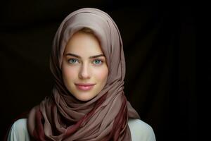 ai generado agraciado joven islámico mujer en un bufanda abrazando cultural identidad, islámico imágenes foto