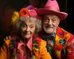 AI generated Old couple embracing colorful fashion, active seniors lifestyle images photo