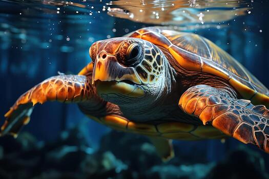 AI generated A majestic sea turtle navigating through a sea of plastic pollution, nature conservation photos