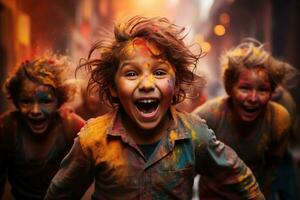 AI generated Children playing amidst holi vibrant colors, holi festival images hd photo