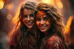 ai generado vibrante celebraciones muchachas adornado en el colores de hola, holi festival imágenes hd foto