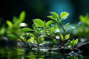 AI generated Green leaves mirrored on calm waters, environmental images photo