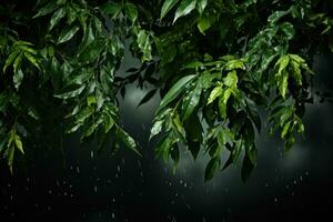 ai generado lluvia de verde hojas en contra Tormentoso cielo, Vamos verde imágenes foto