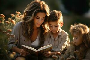 AI generated A heartwarming scene of a mother reading to her children in a field of wildflowers, book photography photo