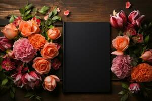 ai generado un pulcro negro cuaderno se sienta junto a vibrante tulipán flores y un lápiz en un de madera mesa, diverso educación y profesores día imagen foto