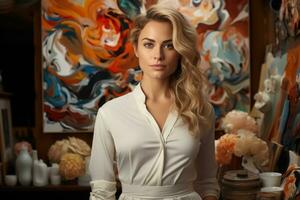 AI generated Businesswoman immersed in the world of masterpieces, empowering women images photo